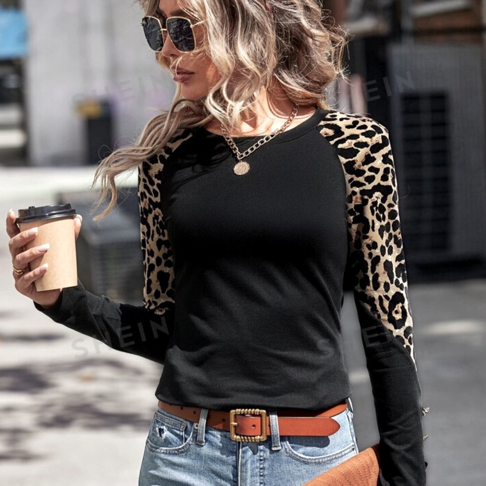 SHEIN Leopard Print & Black Long Sleeve Button Detail Top - Size M